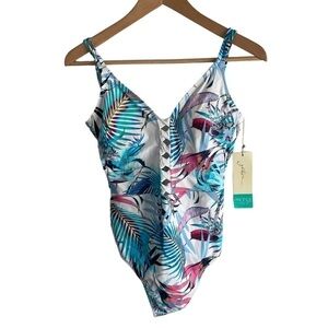 Profile by Gottex White Blue Floral Cut Out‎ One Piece 14 Swimsuit